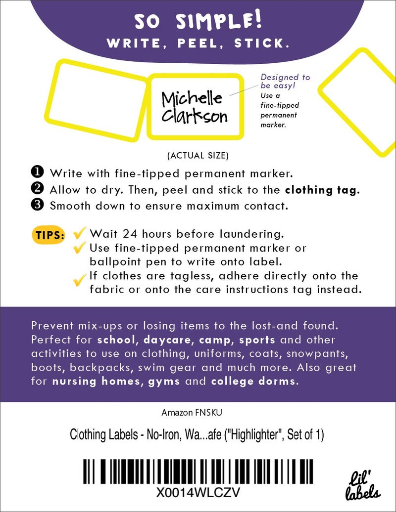 Lil' Labels Clothing Labels, Name Labels, Washer and Dryer Safe, No-Iron, Labels for Daycare, Washable, Write-On, Made in The USA, Highlighter Design, Set of 1 - Image 4